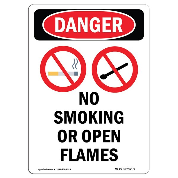 Signmission OSHA Danger Sign, No Smoking Or Open Flames, 24in X 18in Rigid Plastic, 18" W, 24" L, Portrait OS-DS-P-1824-V-1475 - main